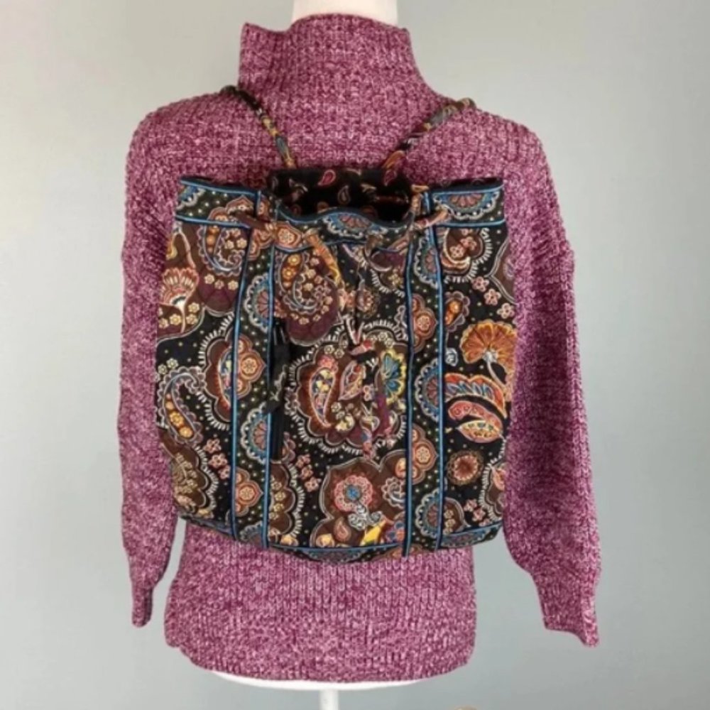 Vera Bradley Kensington Drawstring Backpack Backsack Quilted Purse Paisley Brown - Picture 3 of 6